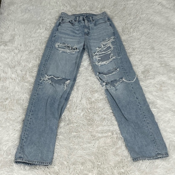 AMERICAN EAGLE High Rise Distressed Straight Leg Boyfriend Jeans Vintage Wash 00 - Picture 2 of 10